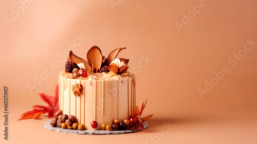 Autumnal Delight Cake with Seasonal Fruits and Leaves, generative ai