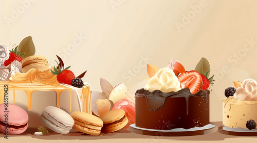 Decadent Dessert Spread with Fresh Berries and Macarons, generative ai