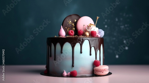 Decadent Pastel Cake with Chocolate Drip, Berries, and Macarons on Moody Background, generative ai