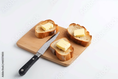 Tasty toasts with butter on wooden board. Crunchy bread toasts on morning breakfast meal. Generate ai photo