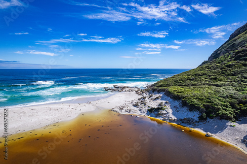 Aerial view of Noordhoek Long Beach in Cape Town, South Africa