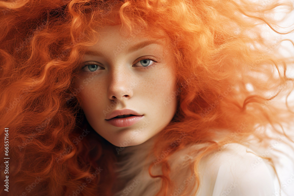Candid portrait of a freckled redhead with natural beauty, capturing her ethereal and colorful curly hair.