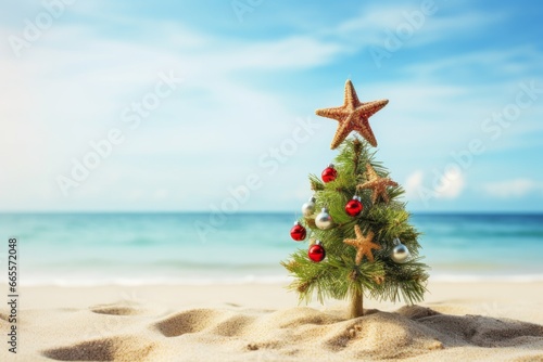 Christmas tree decorated on the sandy beach © Denis