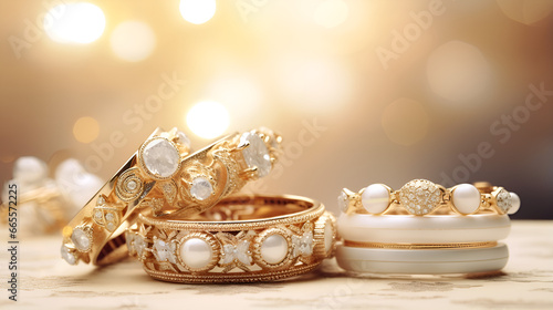 a group of gold and white bracelets photo