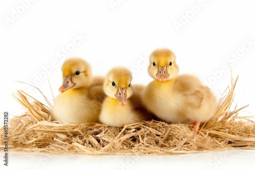 Three ducking on straw isolated on white background. Small duck born child. Generate AI