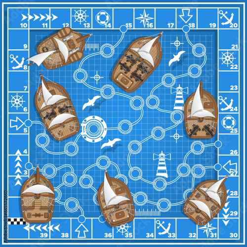 A board game on the marine theme. View from above. Vector illustration. 