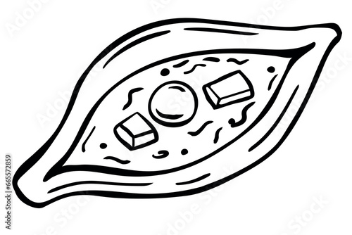 Adjarian Khachapuri with egg and soft cheese in outline style isolated on a white background. Traditional Adjarian and Georgian dish. Vector illustration.