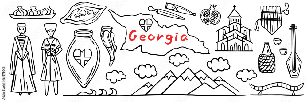 Country Georgia. A set of doodle elements: places, a couple in national costumes, Georgian food, wine, mountains. Vector illustration. Long banner. Country Georgia. A set of doodle elements: places, a couple in national costumes, Georgian food, wine, mountains. Vector illustration. Long banner.