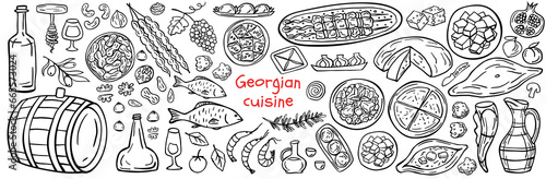 Long banner of Georgian cuisine on a white background. Traditional Georgian food: khachapuri, khinkali, wine, kebab, nuts, fruits, bread. Vector illustration