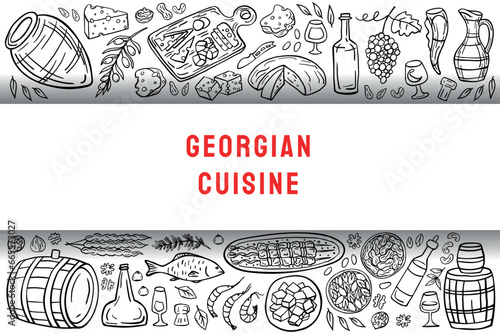Banner of Georgian cuisine on a white background. Georgian traditional food: khachapuri, khinkali, wine, barbecue, nuts, fruits, bread. Vector illustration