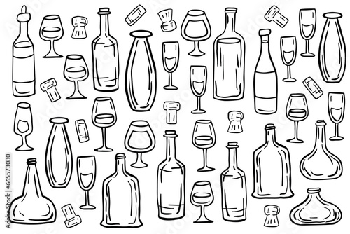 Pattern of set outline wine bottles, glasses, corks on a white background. Vector illustration