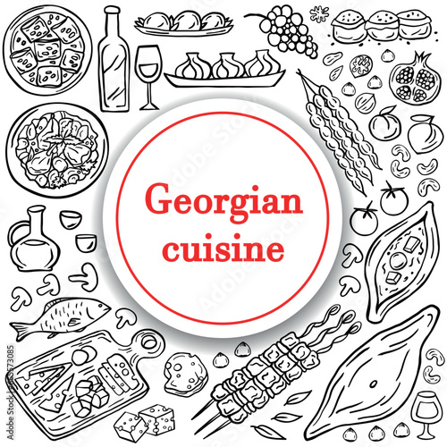 Banner of Georgian cuisine on a white background. Georgian traditional food: khachapuri, khinkali, wine, barbecue, nuts, fruits, bread. Vector illustration