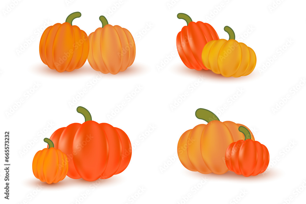 Cute shiny pumpkins isolated. Realistic 3d pumpkin elements to decorate your project. Orange, yellow pumpkin set. Cute shiny pumpkins isolated. Realistic 3d pumpkin elements to decorate your project. Orange, yellow pumpkin set.