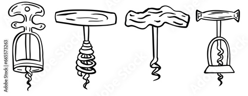 Set of wine corkscrew linear in doodle sketch style on white background. Vector illustration.