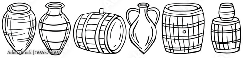 Set of old wooden barrels of wine, jug for wine, kvevri in outline style on a white background. Traditional Georgian wine making.  Old Beer barrel. Vector illustration