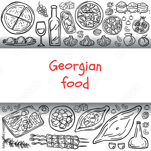 Banner of Georgian cuisine on a white background. Georgian traditional food: khachapuri, khinkali, wine, barbecue, nuts, fruits, bread. Vector illustration