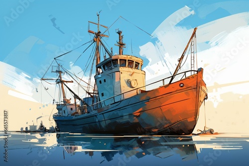An illustration of a vessel at harbor. Generative AI