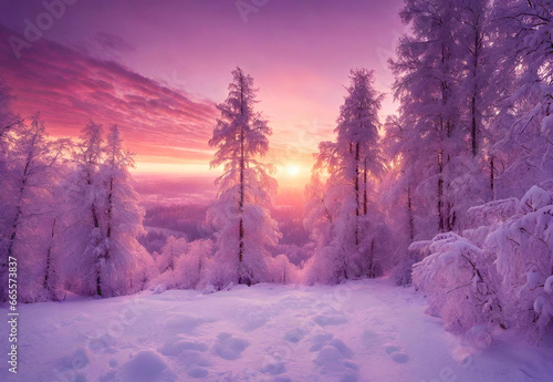 winter panorama landscape with forest, trees covered snow and sunrise. winter morning of a new day. purple winter landscape with sunset, panoramic view