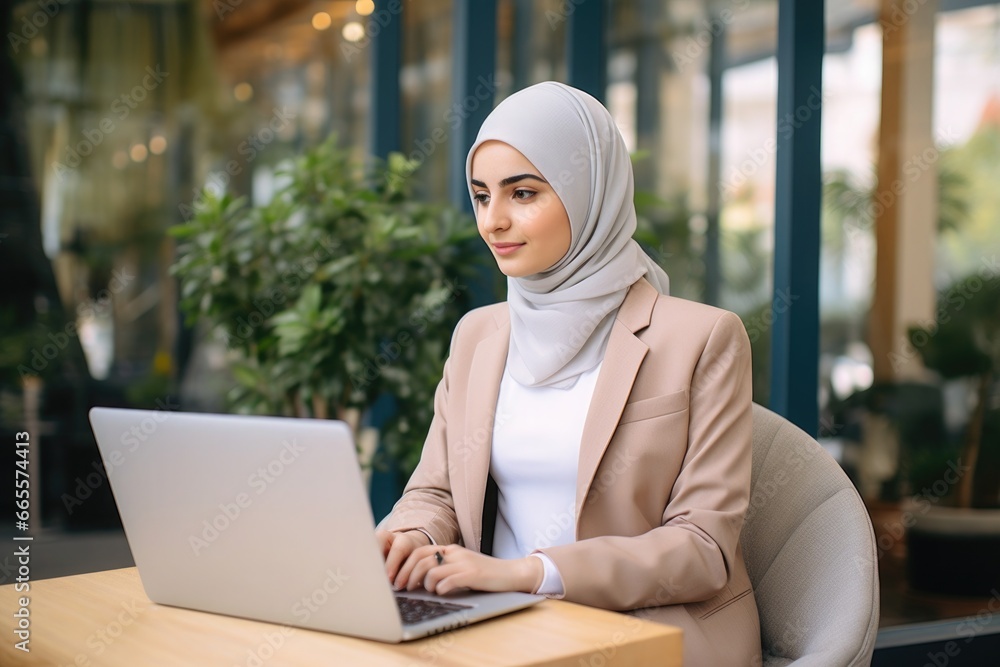 Portrait of young muslim woman wearing hijab working with laptop computer in her modern business office. Portrait of young muslim woman wearing hijab working with laptop computer in her modern business office.