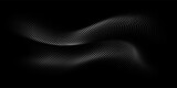 Flowing dots particles wave pattern 3D curve halftone white curve shape isolated on black background. Vector in concept of technology, science, music, modern.
