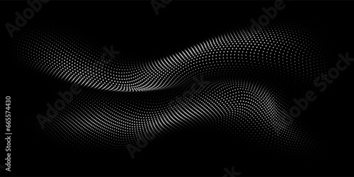 Flowing dots particles wave pattern 3D curve halftone white curve shape isolated on black background. Vector in concept of technology  science  music  modern.