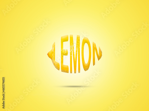 Letters forming word LEMON in fruit shape against gradient yellow and white background. Original lemon decoration. Fruit concept. Minimal summer design.