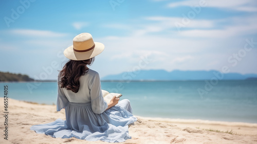 Young woman sitting on the beach and reading a book. Travel and holiday concept. 