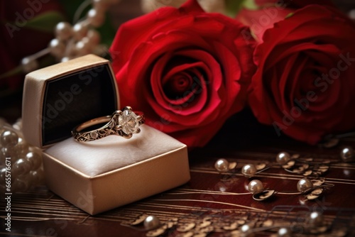 Treble chef roses and wedding ring in box. Romantic art love flower. Generate Ai © nsit0108