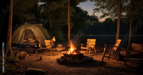 Nature's Lounge - A Campsite's Warm Embrace with Firelight and Restful Chairs. Generative AI