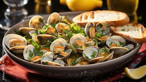 Fototapeta Naklejka Na Ścianę i Meble -  A Taste of Tradition. Delightful Flavors of Portuguese Gastronomy with the Classic Clams Bulhao Pato Dish. Generative AI