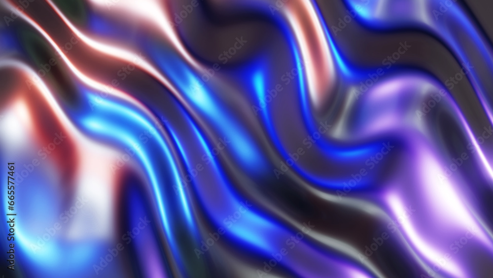 Fototapeta premium Liquid chrome waves background, shiny texture of metallic pattern with reflected multicolored lights.