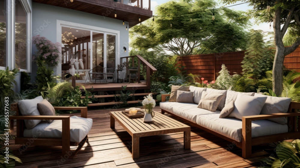 Fototapeta premium Eco-friendly landscaping ideas, showcasing native plants and water-efficient features. Generative AI
