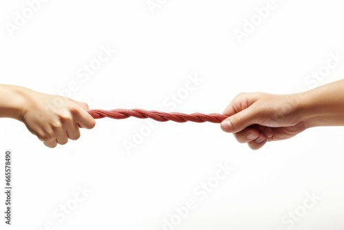 Tug of war isolated on white background with two hands. Power person sport rope. Generate Ai