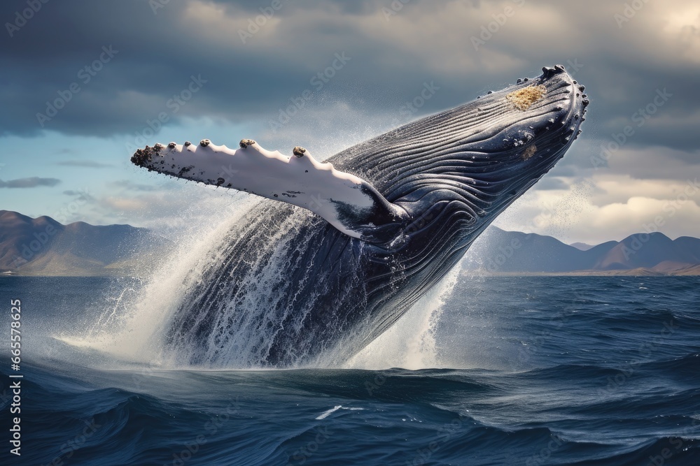 Fototapeta premium Humpback whale in the ocean. 3D Rendering, Humpback whale jumping out of the water, AI Generated