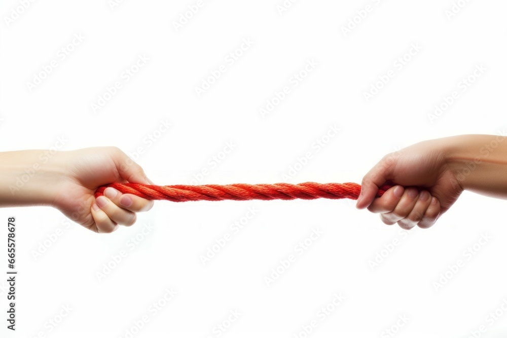 Red tug of war isolated on white background. Motivation power string rope. Generate Ai - obrazy, fototapety, plakaty 
