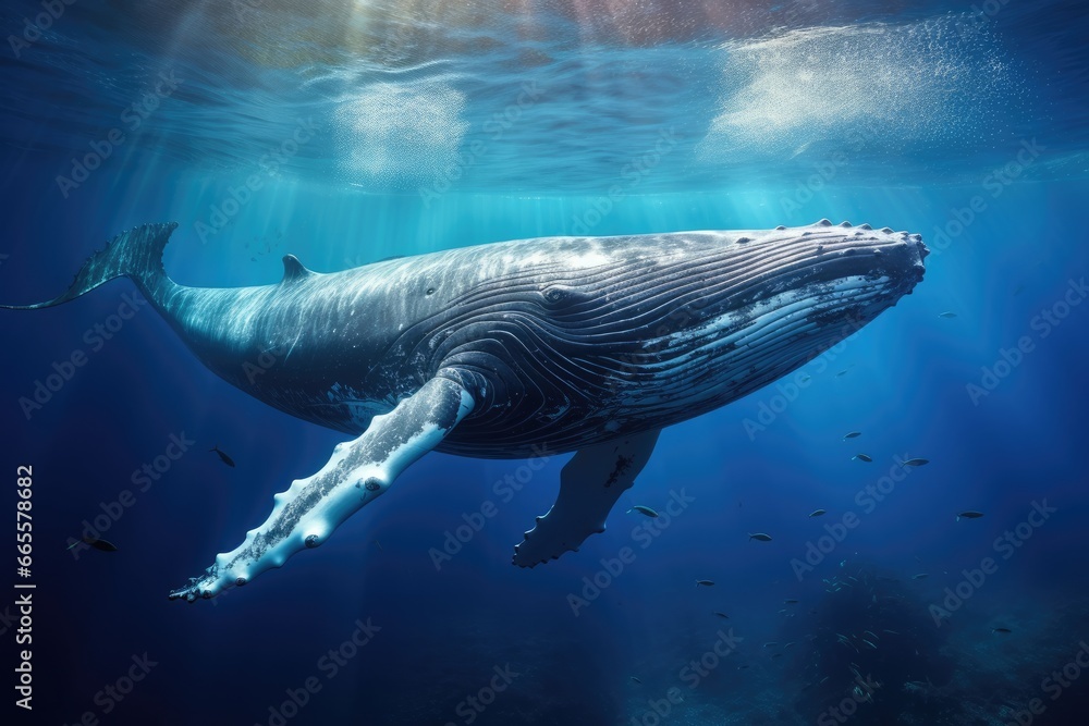Humpback whale in the deep blue ocean. Underwater scene, Humpback whale swimming in deep blue ocean. Underwater photography, AI Generated - obrazy, fototapety, plakaty 