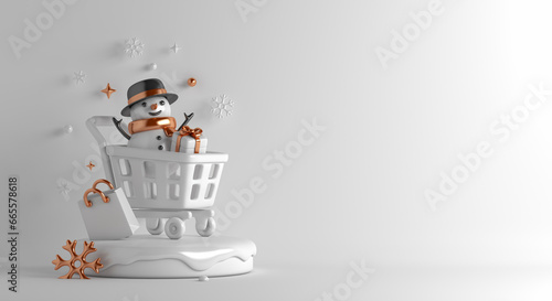 Winter sale decoration background with snowman, trolley shopping cart, snowflakes, gift box, copy space text, 3D rendering illustration