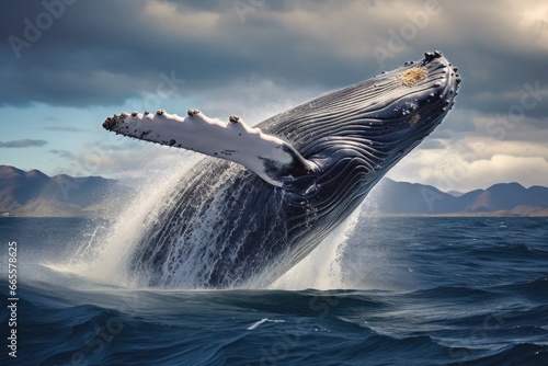 Humpback whale in the ocean. 3D Rendering, Humpback whale jumping out of the water, AI Generated © Iftikhar alam