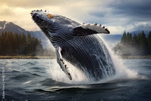 Humpback whale jumping out of the water. 3D Rendering, Humpback whale jumping out of the water, AI Generated © Iftikhar alam