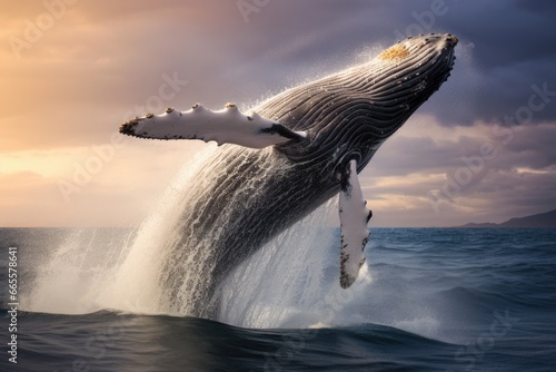 Humpback whale jumps out of the ocean at sunset. 3d illustration, Humpback whale jumping out of the water, AI Generated