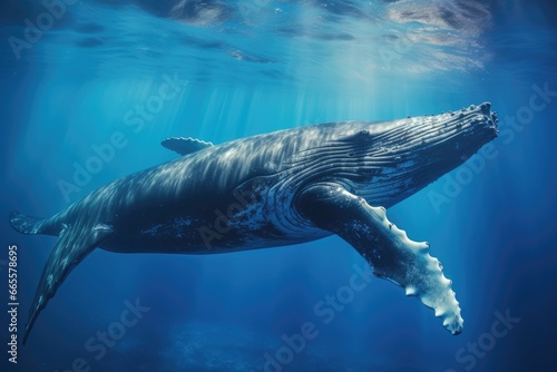 Humpback whale in deep blue ocean. Underwater scene, Humpback whale swimming underwater in blue water. Marine life, AI Generated
