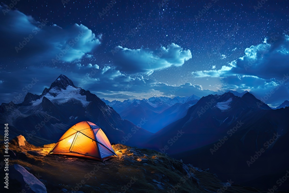 Tourist tent in the mountains at night with starry sky, Illuminated camp tent under a view of the mountains and a starry sky, AI Generated