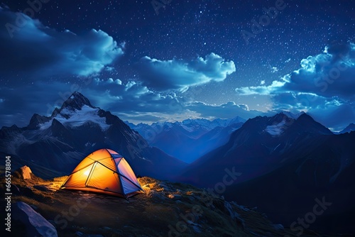 Tourist tent in the mountains at night with starry sky, Illuminated camp tent under a view of the mountains and a starry sky, AI Generated © Iftikhar alam