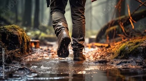 Rain-soaked Routes. The Forest's Puddle-Strewn Paths Beneath Adventurous Boots. Generative AI