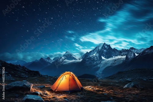 Camping in the mountains at night with a view of the Matterhorn, Illuminated camp tent under a view of the mountains and a starry sky, AI Generated