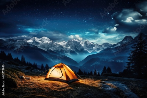 Camping in the mountains at night. Elements of this image furnished by NASA, Illuminated camp tent under a view of the mountains and a starry sky, AI Generated