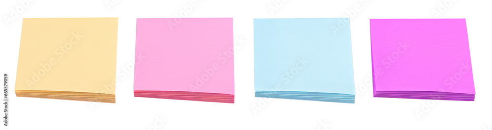 Set of Four packs of colorful empty paper sheets isolated on transparent background cutout PNG, papers mockup for design Set of Four packs of colorful empty paper sheets isolated on transparent background cutout PNG, papers mockup for design