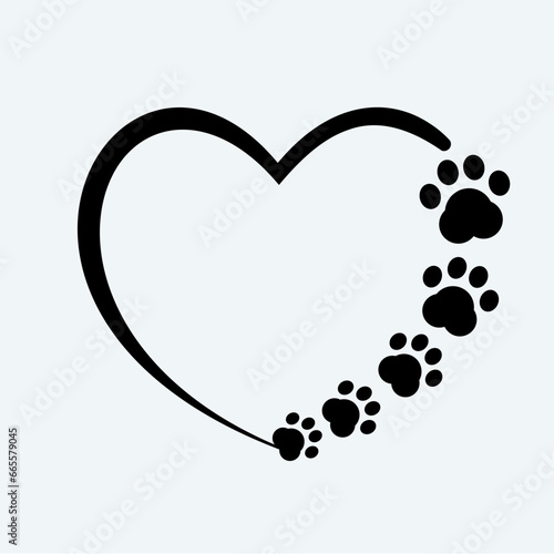 Animal love symbol paw print with heart, isolated vector
