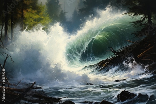 Digital painting of a stormy ocean wave crashing on the rocks, impressionism painting of tidal wave and woodland colliding in nature, AI Generated