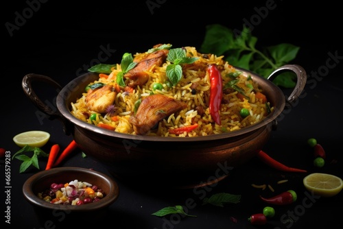 Chicken Biryani with Rice and Vegetables on black background, Indian chicken biryani with rice and vegetables on a Black background, AI Generated
